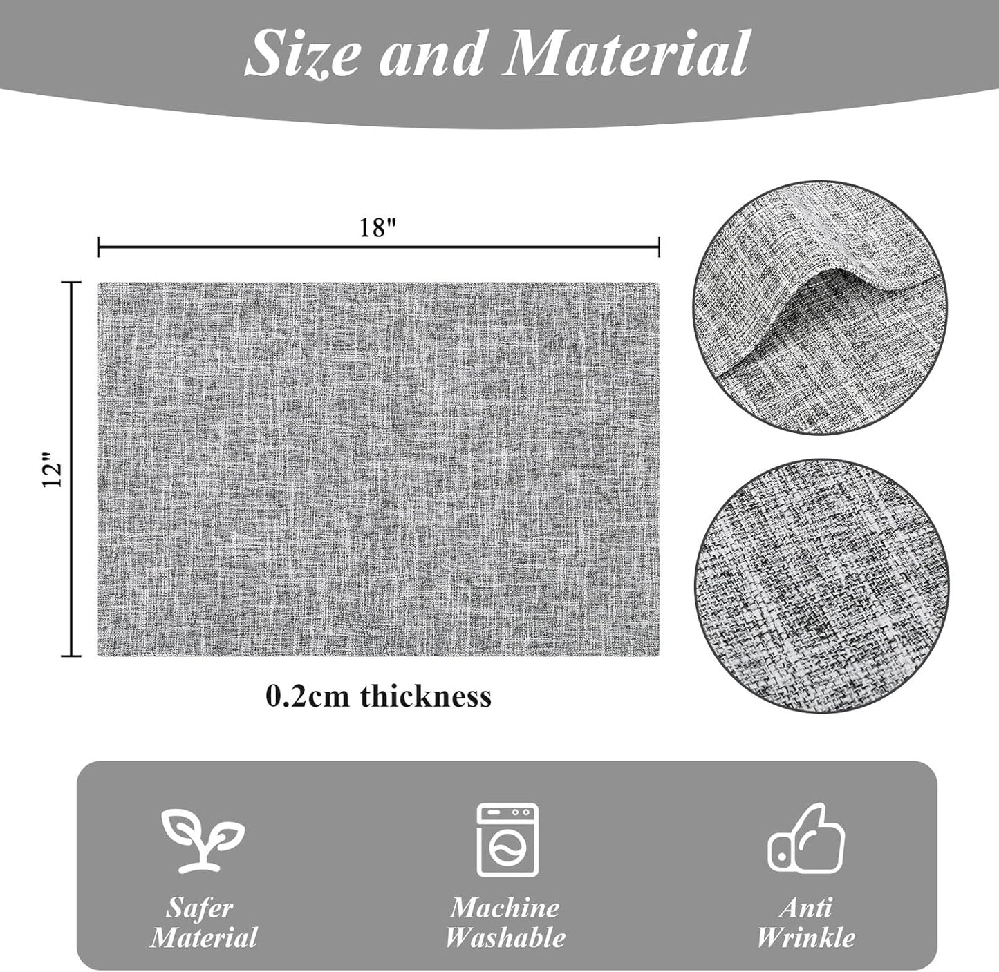 SHACOS Fabric Placemats Set of 6 Washable Heat Resistant Place Mats Non Slip Thick Cloth Placemats Reversible Table Mats Indoor Outdoor Home Wedding Table Decor, Light Grey White