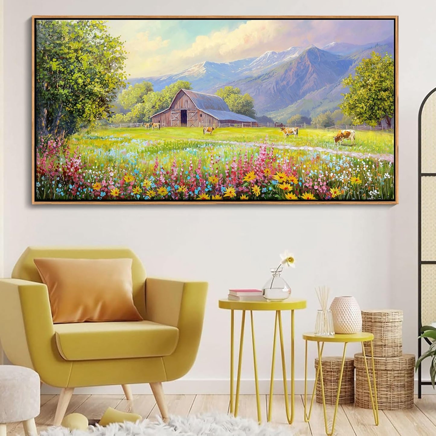 AJAZIKO Rustic Mountain Wall Art - Farmhouse Landscape Wall Decor with Highland Cow & Floral Art - Nature & Country Artwork for Living Room, Bedroom & Walls - Framed Flower Pictures for Home 29x58IN