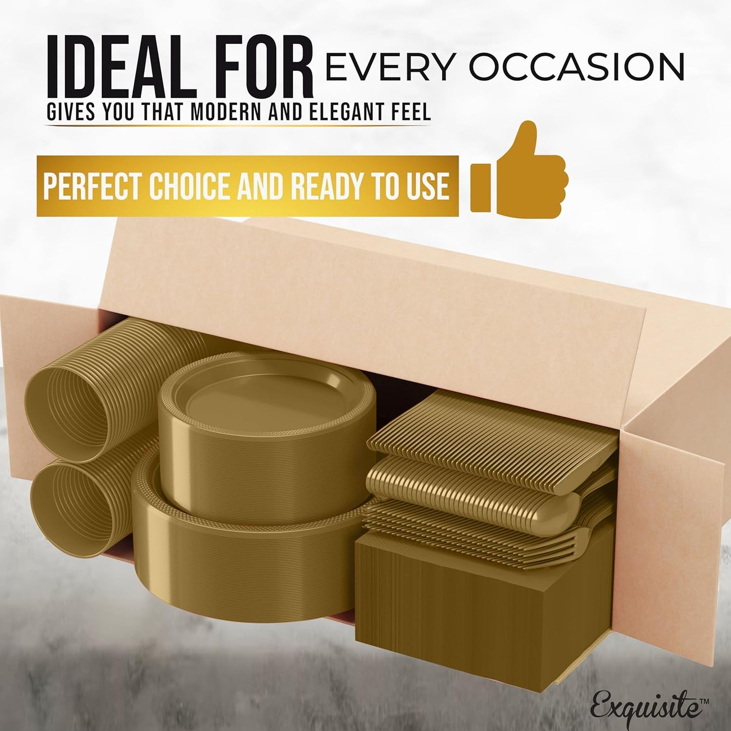 Party Solids 350 Pieces Gold Plastic Plates For Party, Gold Disposable Plates Set, 50 Of Each 9" Dinner Plate Set, 7" Dessert Plate, Cups, Napkins & Cutlery Plastic Dinnerware