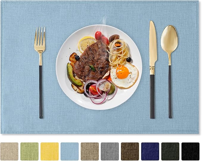 Romanstile Cloth Placemats Set of 4-12 x 18 Inch, Heat Resistant Double Layered Thickened Burlap Place Mats, Washable Faux Linen Farmhouse Table Mats for Kitchen/Dining/Party/Outdoor, Blue