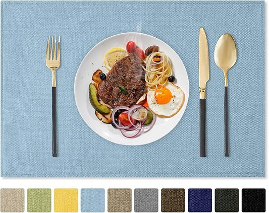 Romanstile Cloth Placemats Set of 4-12 x 18 Inch, Heat Resistant Double Layered Thickened Burlap Place Mats, Washable Faux Linen Farmhouse Table Mats for Kitchen/Dining/Party/Outdoor, Blue