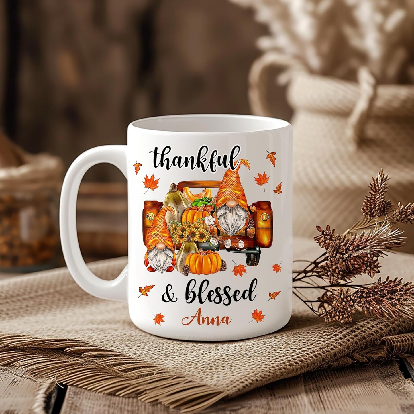 Hyturtle Personalized Fall Gnome Mug Gifts - Thankful And Blessed - Custom Name Coffee Cup Ceramic Mug 11oz 15oz - Gnome Gift For Women - Autumn Gifts - Fall Thanksgiving Decor Gift - Birthday