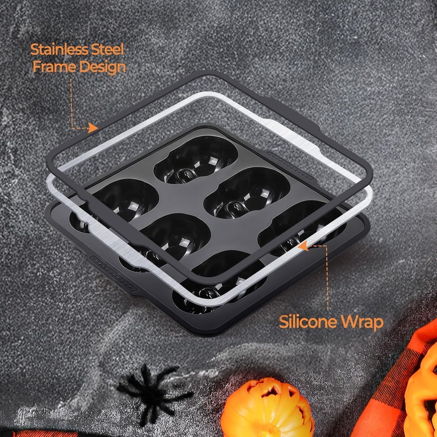 Skull Cake Pan with Metal Reinforced Frame - Spill-Proof & Sturdy 6-Cavity 3D Halloween Silicone Mold, Easy to Handle & Release for Cake, Chocolate, Jello