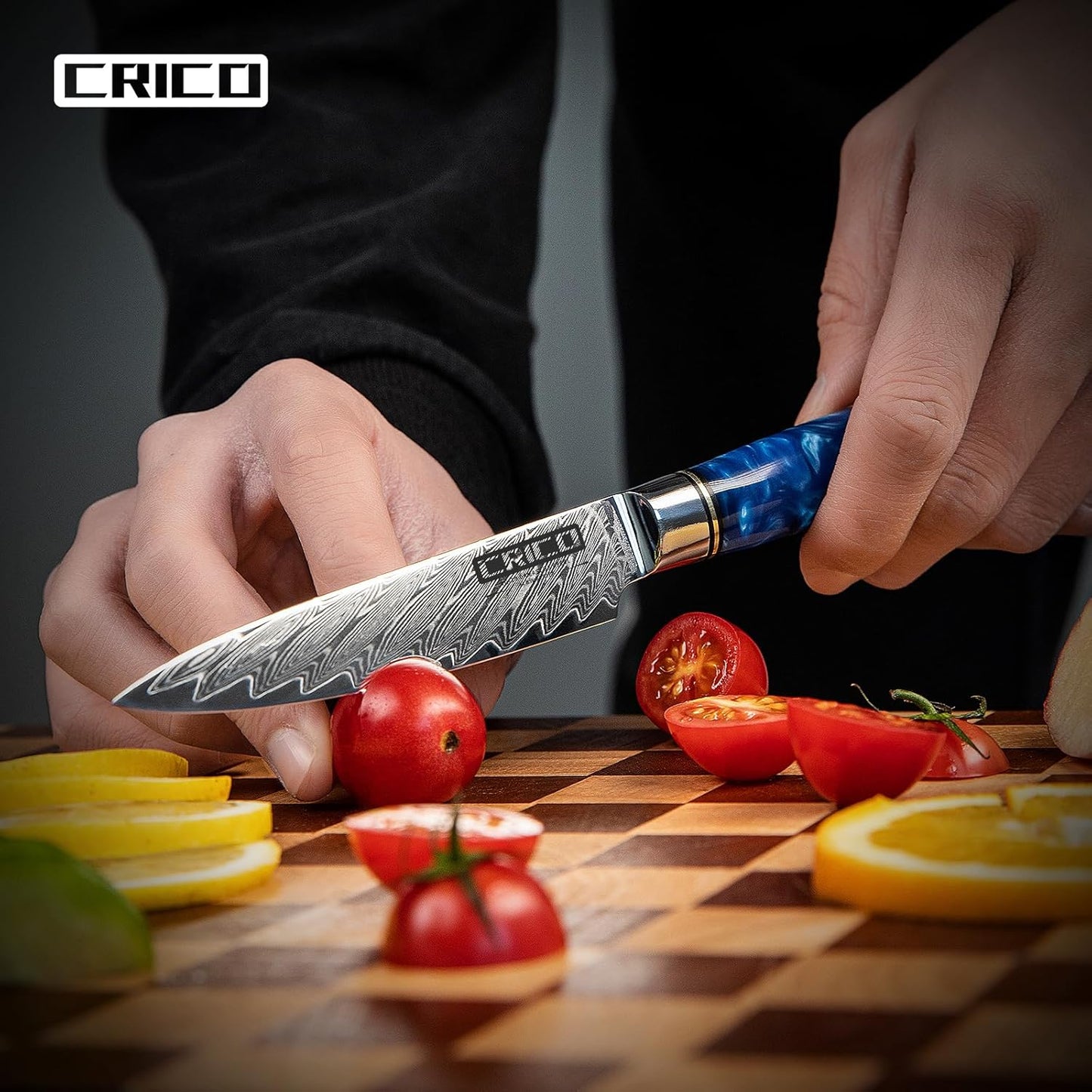 CRICO Paring Knife 5 inch, Kitchen Utility Knife, Fruit Paring Knives, VG10 Damascus Super Steel Forged 67-Layers, Full Tang Wood&Resin Handle, Gift Box - Flow Series