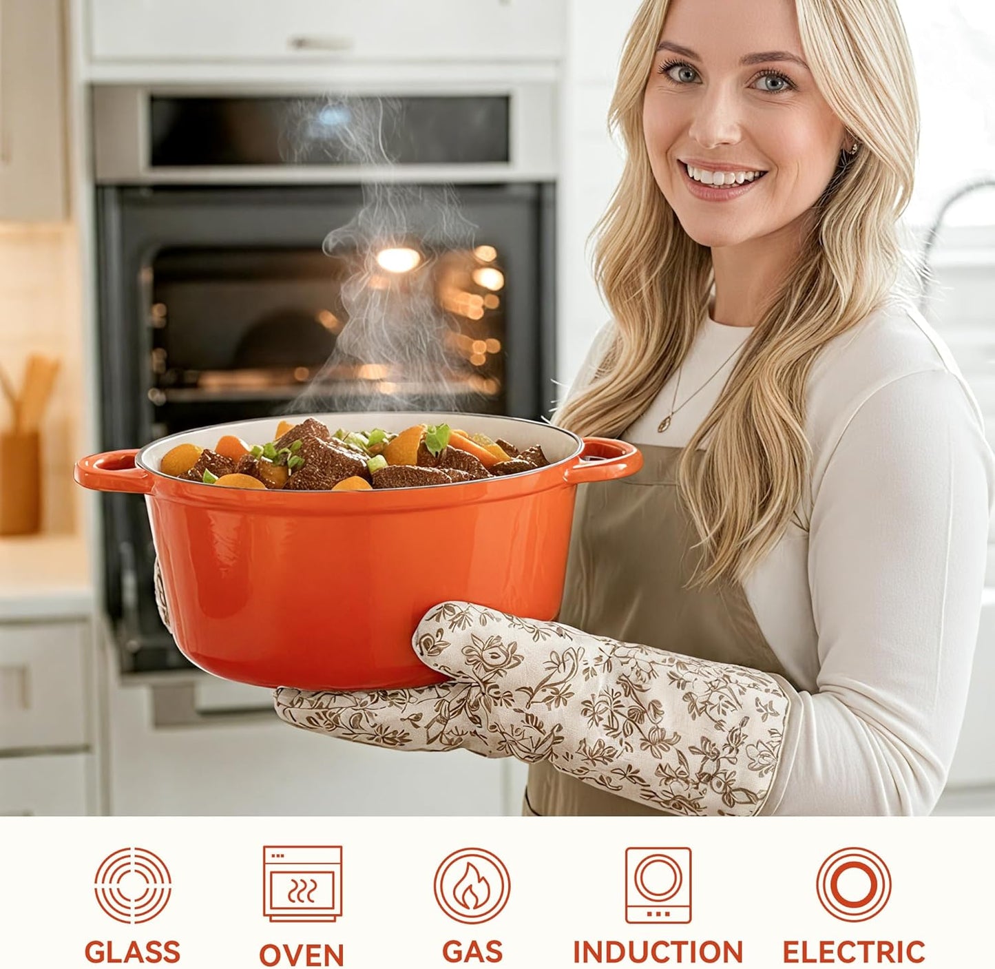 7 Quart Dutch Oven Pot with Lid, Non Stick Enameled Cast Iron Dutch Oven for Bread Baking, Heavy-Duty, Oven Safe Ceramic Cookware Up to 500°F for Baking, Braising, Stews, Roasting, Orange