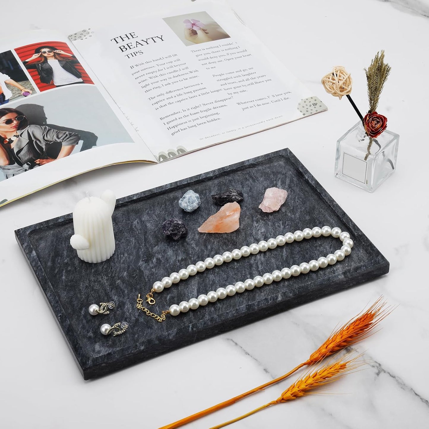 Real Luxurious Natural Black Marble Tray - 12x8 Inch Marble Vanity Tray for Perfume Display, Jewelry Organizer, Bathroom & Home Decor -Heavy Duty Non-Slip Stone Tray (Non-Resin/Non-Ceramic)