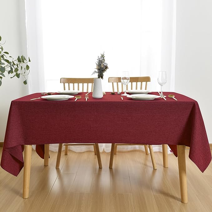 JIUZHEN Red Faux Linen Farmhouse Tablecloth Rectangular, Wrinkle Stain Resistant Table Cloth Rectangle Tablecloth Table Cover for Kitchen Dining, 70 x 108 Inch