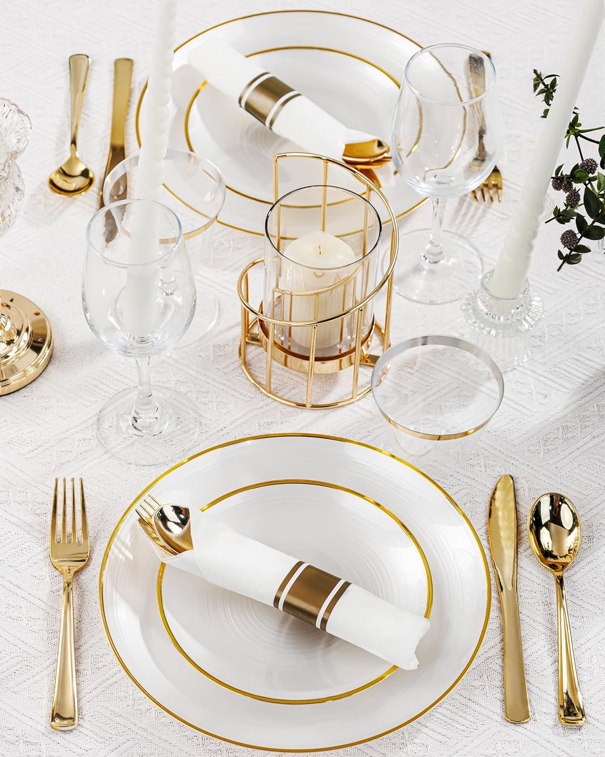 Morejoy 175PCS Pearl White and Gold Plastic Plates - Disposable Gold Party Plates & Pre Rolled Napkins with Cutlery for 25 Guests, 50Plates, 75Silverware, 25Cups, 25Napkin for Party & Thanksgiving