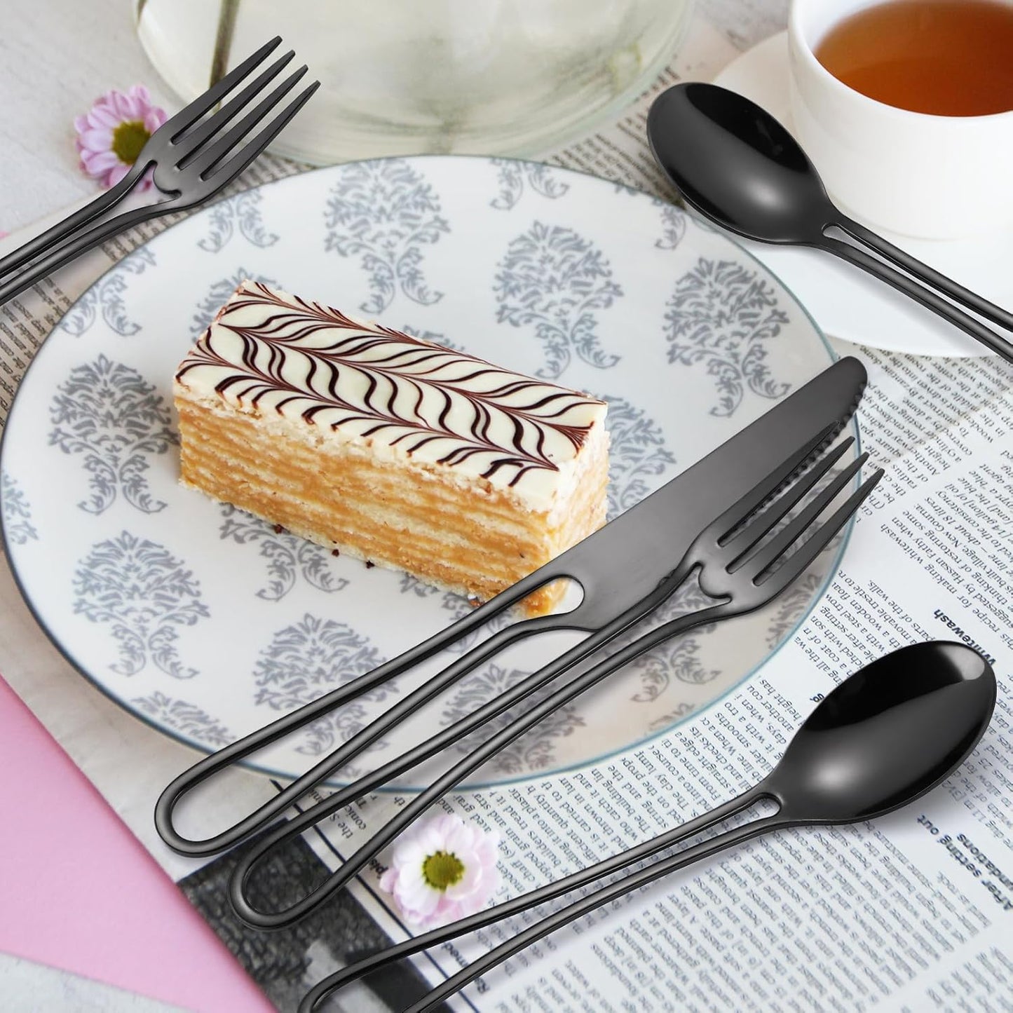 Black Silverware Hollow Flatware Set for 4 Stainless Steel Cutlery 20 Piece Hanging Forks Spoons and Knives Unique Eating Utensils for Home Restaurant Parties