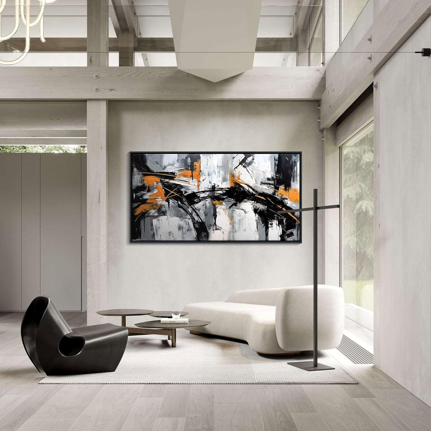 Framed Large Abstract Canvas Wall Art Modern Wall Art for Living Room - Canvas Wall Decor for Office and Home - Framed Artwork for Walls Black, White, Gray and Unique Orange Accents 29×58in