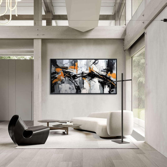 Framed Large Abstract Canvas Wall Art Modern Wall Art for Living Room - Canvas Wall Decor for Office and Home - Framed Artwork for Walls Black, White, Gray and Unique Orange Accents 29×58in