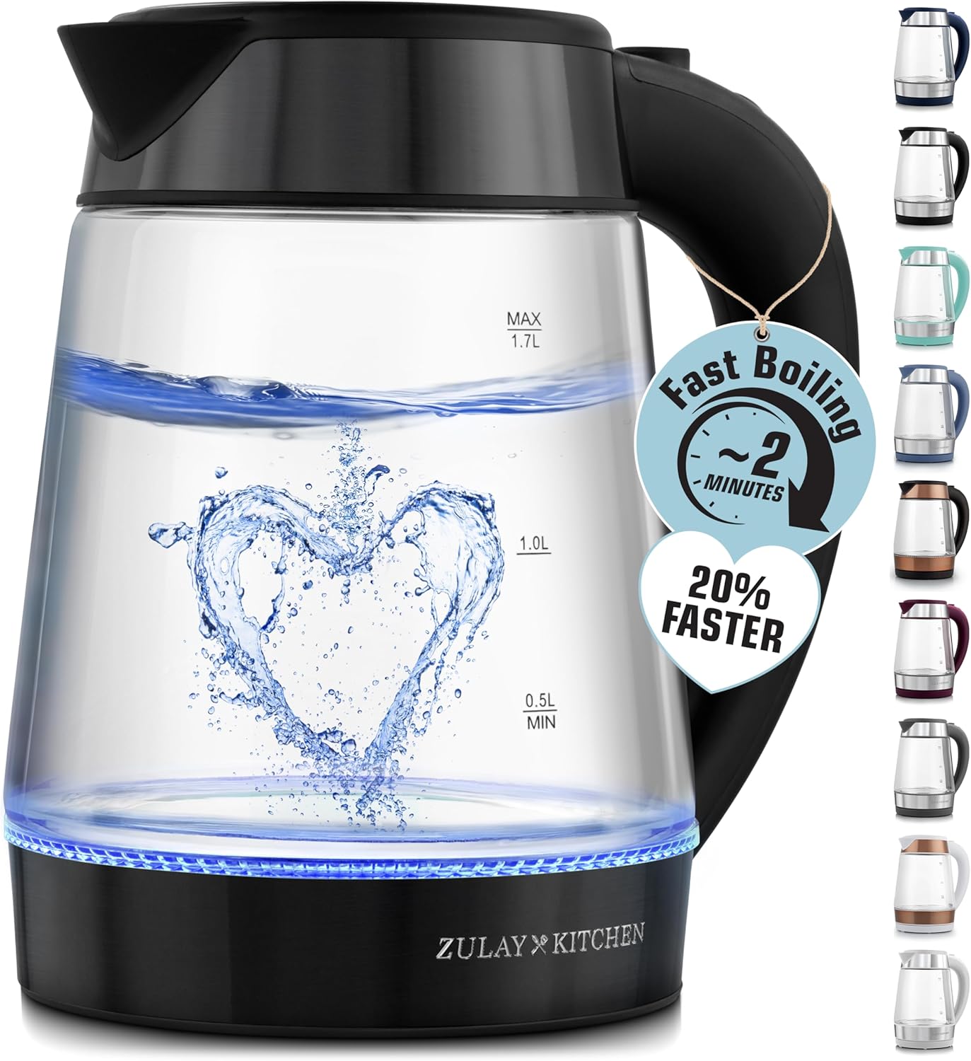 Zulay Kitchen Fast Boiling Electric Water Kettle - 1.7L, 1500W, Auto Shut-Off for Overboil & Boil Dry Protection, Cool-Touch Handle, 360° Base - Rapid Teapot Boiler For Coffee & Tea - Black Metallic