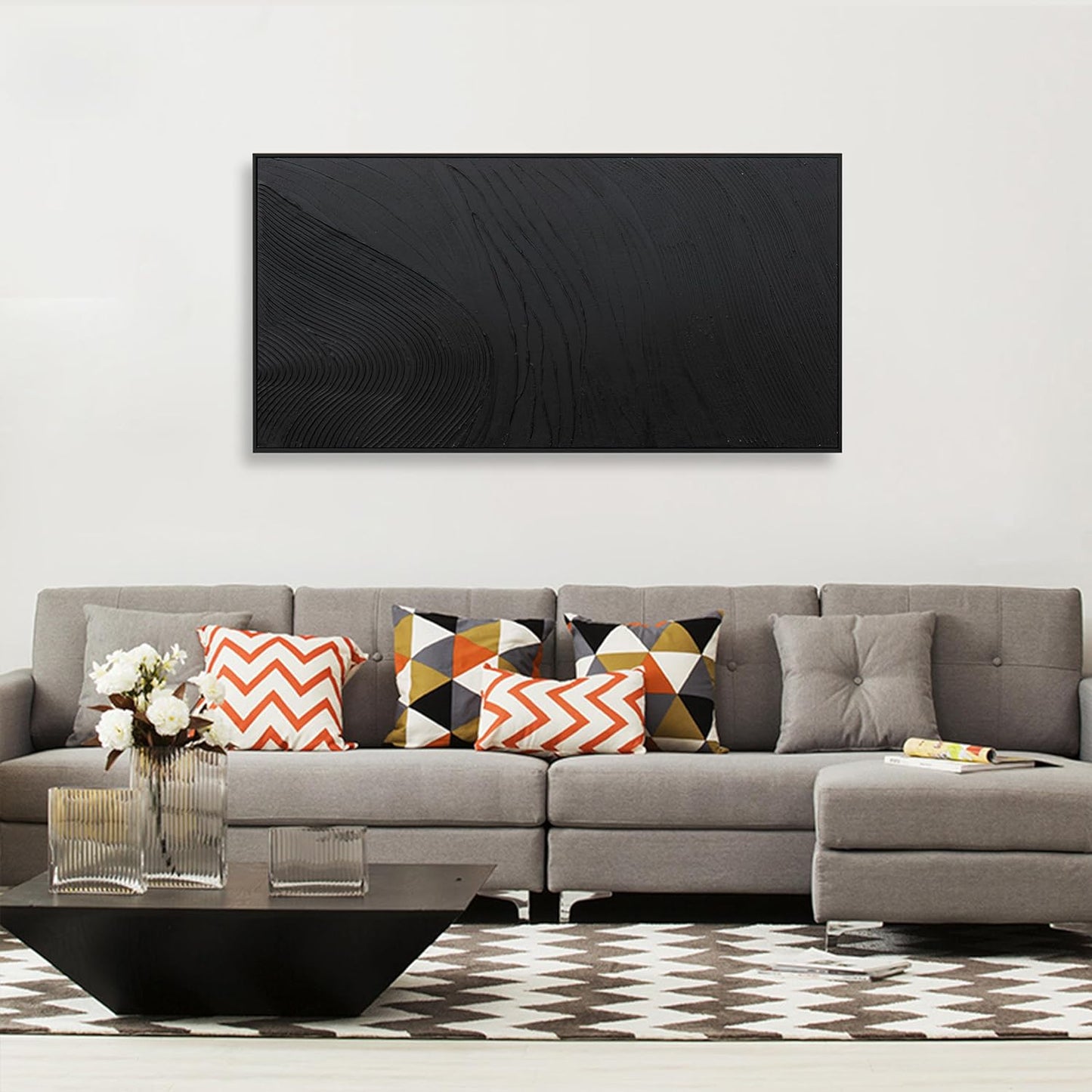 Black Wall Art Framed Abstract Canvas Pictures For Hand Painted Line Texture Wall Decor Modern Abstract Canvas Painting Artwork For Living Room Bedroom Home Office Wall Decorations Ready To Hang 20" X 40"