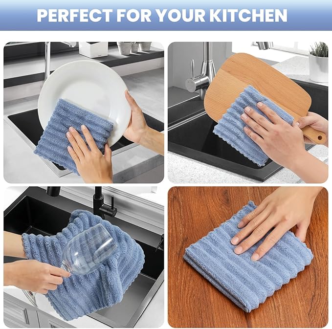 Kitchen Dish Cloths,Super Absorbent Coral Velvet Dish Towels,Quick Drying Kitchen Towels No Lint Dish Rags,Reusable Household Microfiber Cleaning Cloth,12X12 inches (12 Pack,Navy Blue Streak)