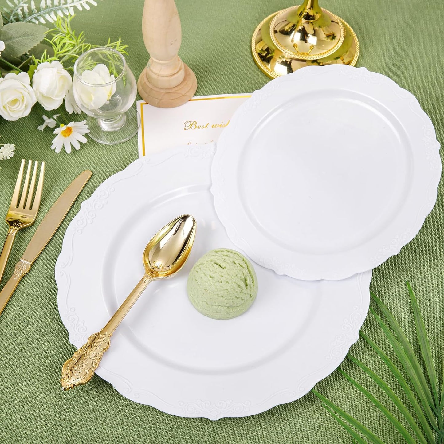 DaYammi 150Pcs White Plastic Plates & Gold Plastic Silverware, White Disposable Plates for Party Include 30 Dinner Platos,30 Dessert Platos,30 Golden Knives,30 Gold Forks,30 Spoons for Wedding Party