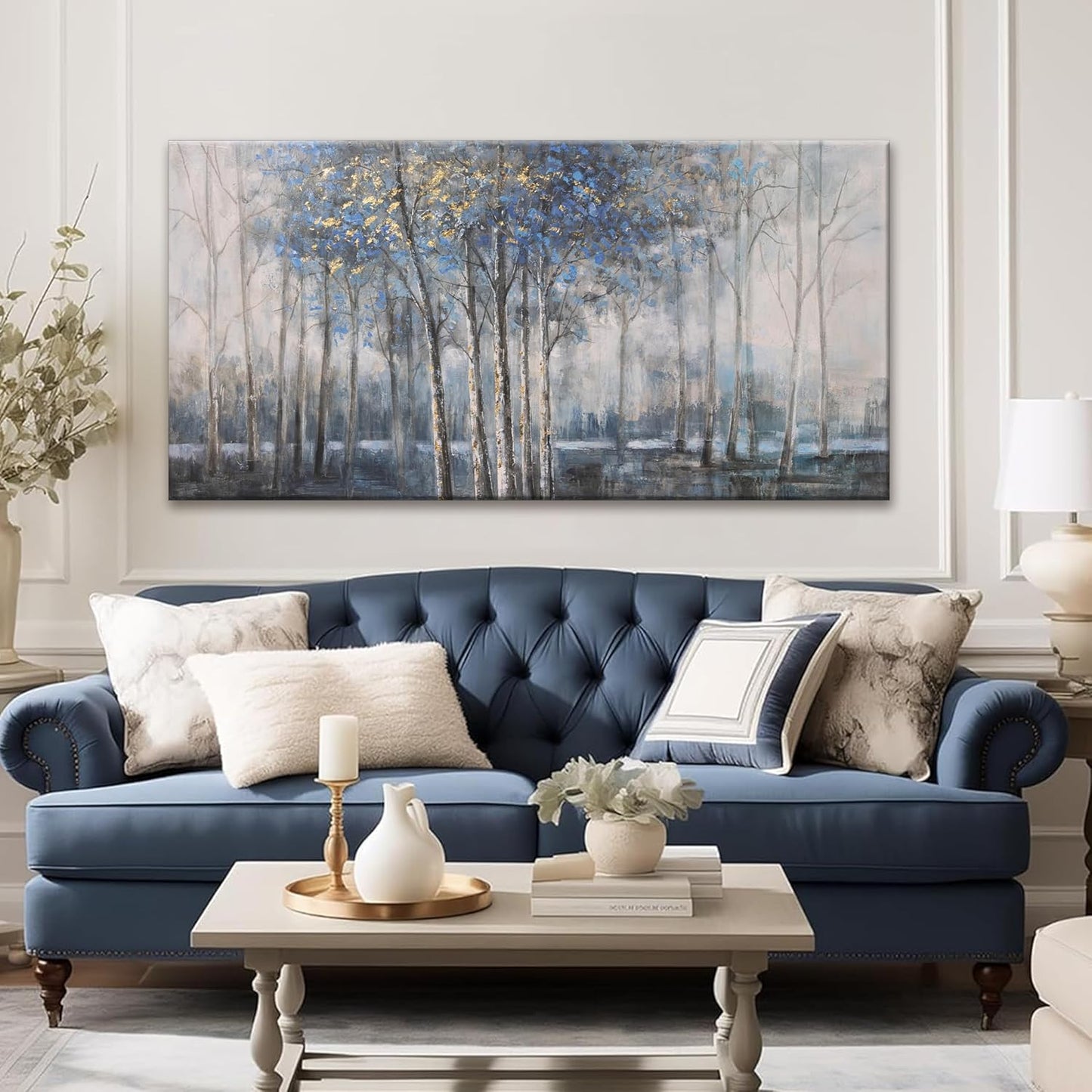 Canvas Wall Art Decor Pictures Wall Decor Prints Modern Large Wall Art Gold Wall Art Blue Grey Misty Botanical Textured Artwork for Walls For Room Living Room Bedroom Office Wall Decor 24"X48"