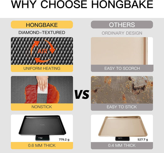 HONGBAKE 2 Pack Half Sheet Pan Set, 1/2 Cookie Sheets for Baking with Diamond Texture, 17.5" x 12" Large Baking Sheets Non Stick, Non Toxic Oven Trays for Cooking, 57% Thicker Carbon Steel, Dark Gray