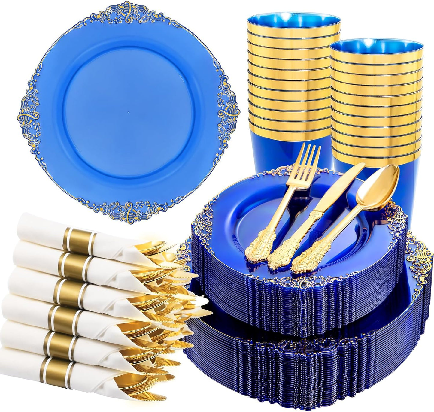 Hioasis 210pcs Blue and Gold Plastic Plates - Elegant Disposable Dinnerware Set Suitable for 30 Guests Include 10.25" Dinner & 7.5" Dessert Plates, Pre Rolled Silverware Set, Cups for Party & Wedding