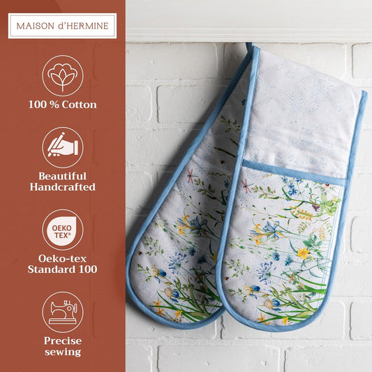 Maison d' Hermine Double Oven Mitts 100% Cotton 7"x35" Double Oven Mitt Heat Resistant BBQ Cooking Gloves with Loop, Baking, Grilling, Home, Kitchen, Handling Hot Pans Spring Summer (Fleurs De Mai)