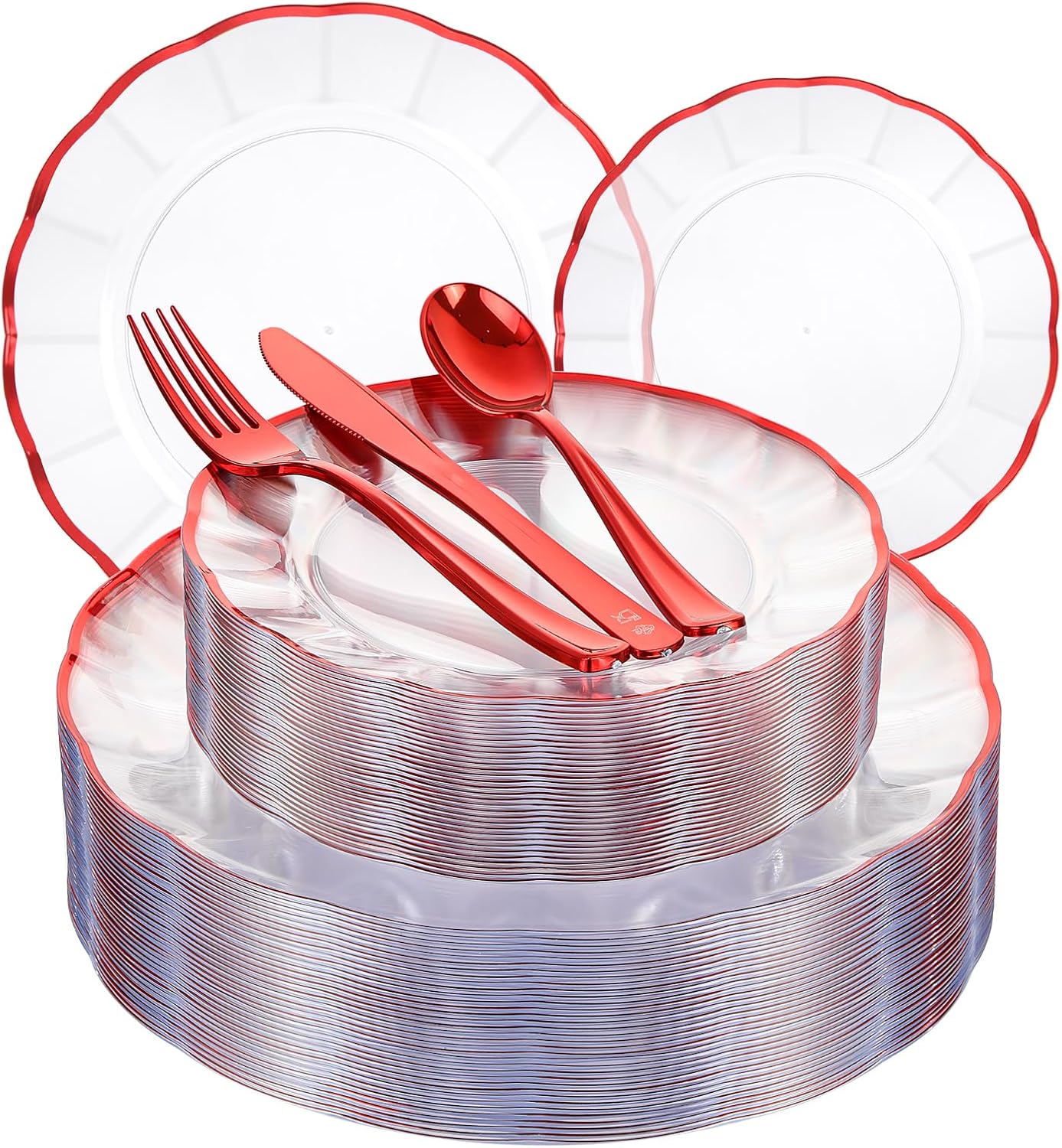 EI 150pcs Clear and Red Plastic Plates,Plastic Plates and sliverware,Clear Disposable Party Dinnerware Set for 30 Guests,Red Wavy Petal Edge Disposable Dinnerware Set for Wedding,Showers,Birthdays.