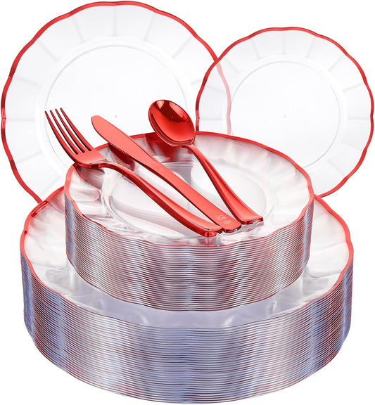 EI 150pcs Clear and Red Plastic Plates,Plastic Plates and sliverware,Clear Disposable Party Dinnerware Set for 30 Guests,Red Wavy Petal Edge Disposable Dinnerware Set for Wedding,Showers,Birthdays.