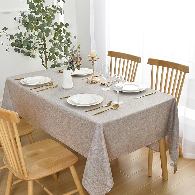 JIUZHEN Rectangle Table Cloth Faux Linen Farmhouse Tablecloth Wrinkle and Stain Resistant Decorative Fabric Table Cover for Kitchen, Dining Room, Parties and Camping, Stone, 54 x 80 Inch