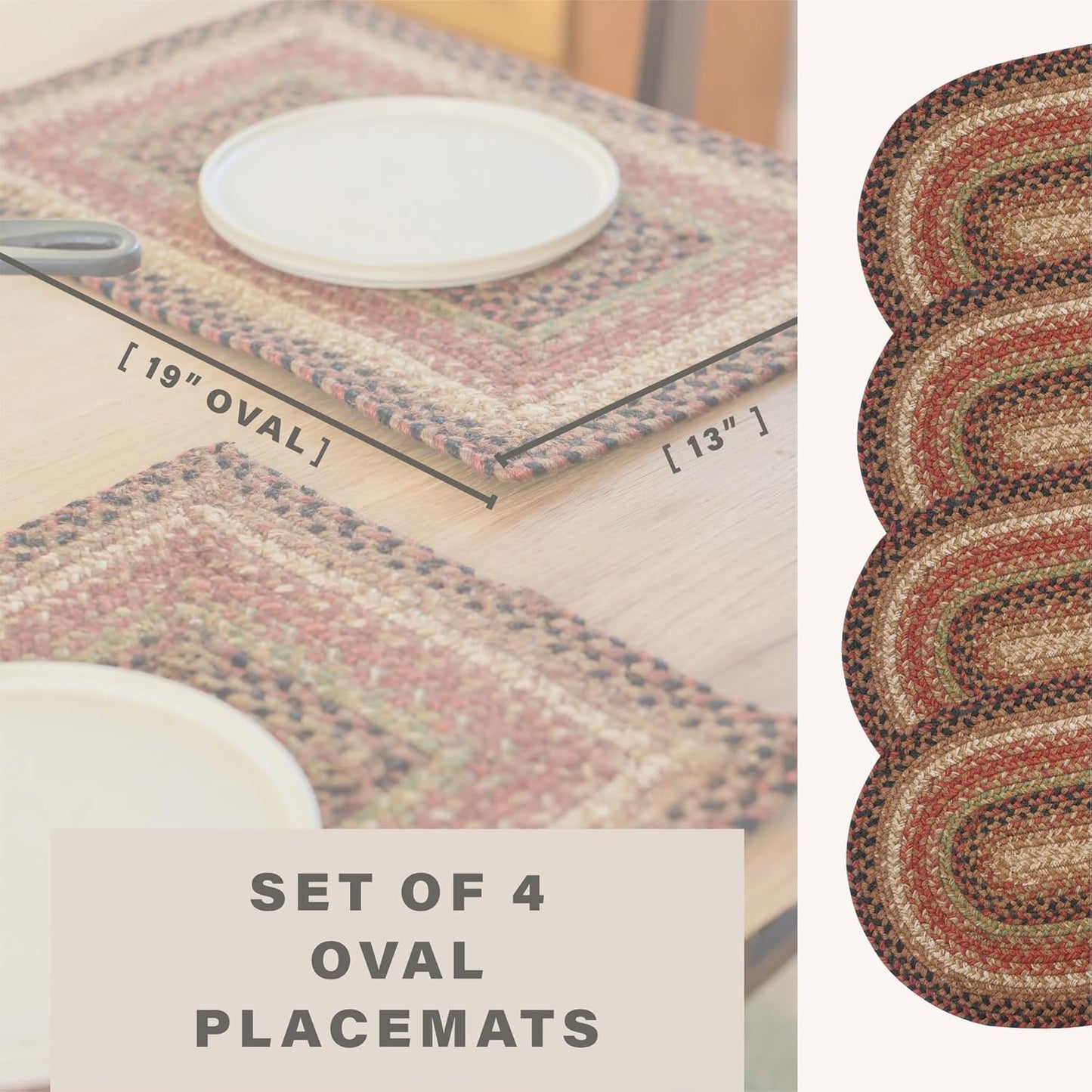 Homespice Gingerbread Jute Braided Placemats, Warm Country Decor, Set of 4, Brown 13x19 Oval Table Mats - Vibrant Colors, Durable, Easy to Clean and Protects Furniture