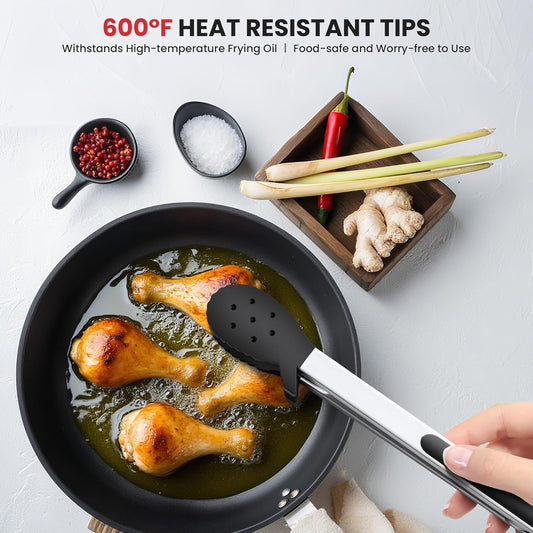 12 Inch Silicone Cooking Tongs, 600ºF Heat Resistant Kitchen Tongs with Silicone Tip & Integrated Tool Rests for Cooking, Grilling, Tossing Salad, Serving Food, Non-Stick & Dishwasher Safe (Black)