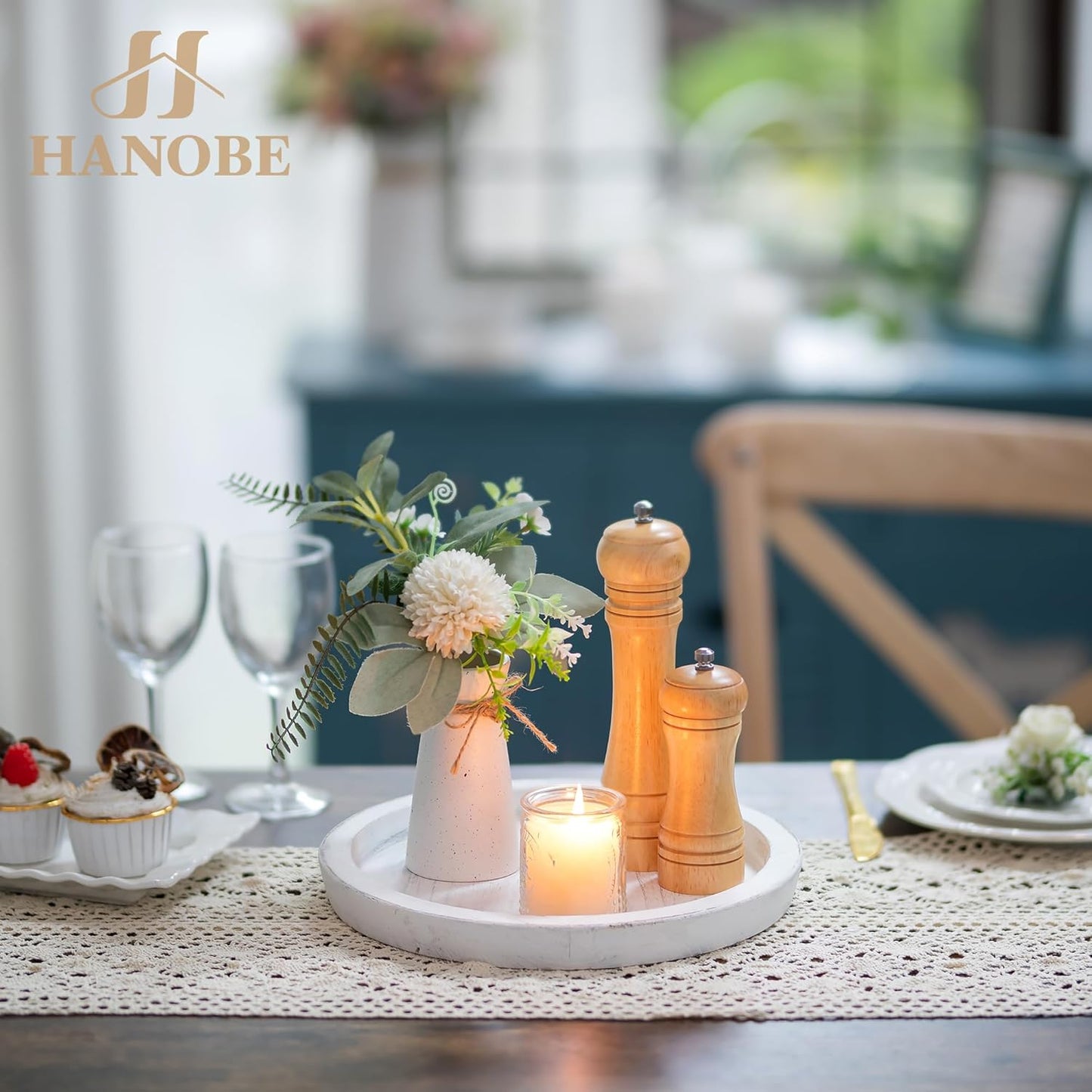 Hanobe Rustic Wooden Serving Tray: Round Wood Decorative Tray Rustic White Centerpiece Candle Holder Trays Farmhouse Ottoman Tray for Decor Kitchen Counter Home Decor for Coffee Table