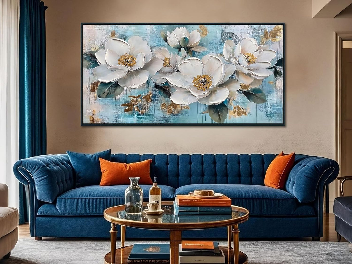 Ardemy White Floral Wall Art, Framed Canvas Wall Art For Living Room Large Teal Pictures Wall Decor Flower Paintings Artwork for Walls Dining Room Bedroom Home Office 48"x24"