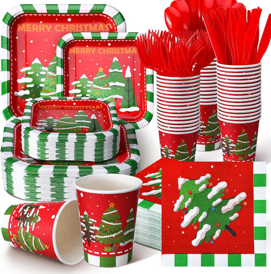 350 Pcs Paper Plates and Napkins Set Disposable Dinnerware Party Supplies Tableware Serve 50 Guest Cups Knife Forks Spoon(Red,Merry Christmas)
