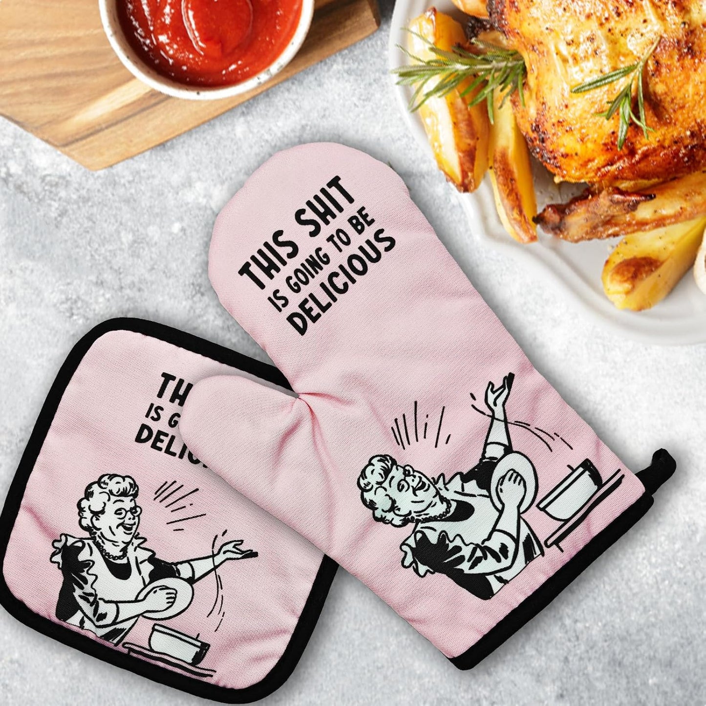 Funny Oven Mitts and Pot Holders Set This Sxxt is Going to Be Delicious Heat Resistant Mitts Adult Humor Silicone Non-Slip Oven Mitts Funny Kitchen Decor Gifts for Women Housewife Friend