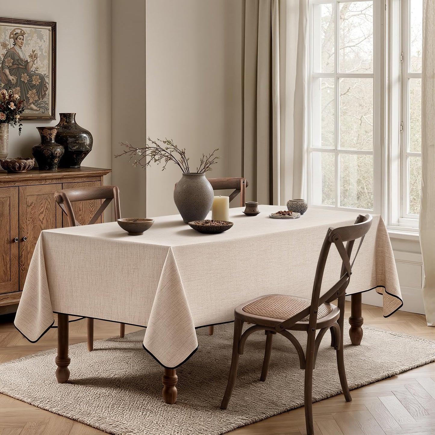 MIULEE Ivory-Black Linen Tablecloth 60x84 Inch Rectangle Table Cloth Waterproof,Stain Resistant & Wrinkle Resistant for Dining Party Wedding