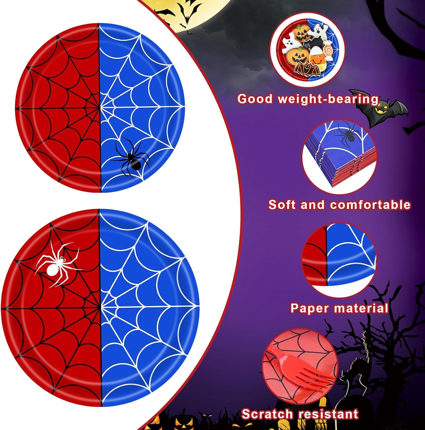 100 Pcs Spider Web Tableware Party Supplies – Disposable Red and Blue Web Paper Plates, Napkins, and Forks for Superhero Birthdays, Kids Parties, and Comic Theme Celebrations – Serves 25
