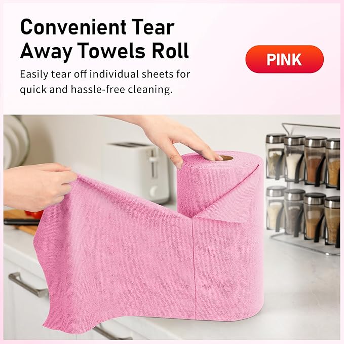 HOMERHYME Microfiber Cleaning Cloth Roll, 75 Pack Tear Away Microfiber Towel, Reusable Washable Shop Towels, Lint Free Cleaning Rags for Car Home Kitchen Garage & Automotive 11.5"x11.5" Pink