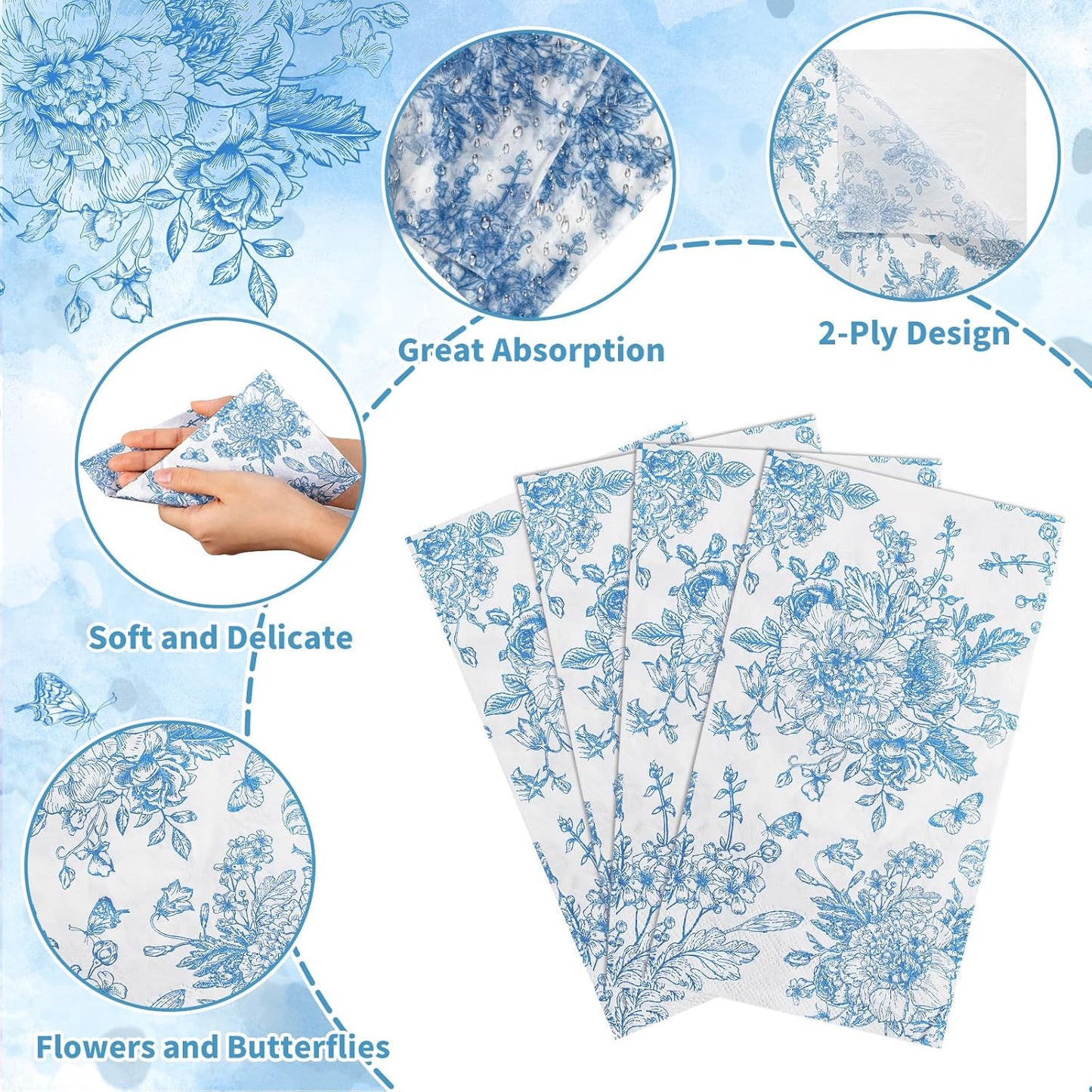 100 Pcs Blue Floral Guest Napkins Disposable Hand Towels for Bathroom Blue and White Paper Napkins Decorative Toile Napkin Chinoiserie Napkin for Wedding, Bridal & Baby Shower, Tea Party
