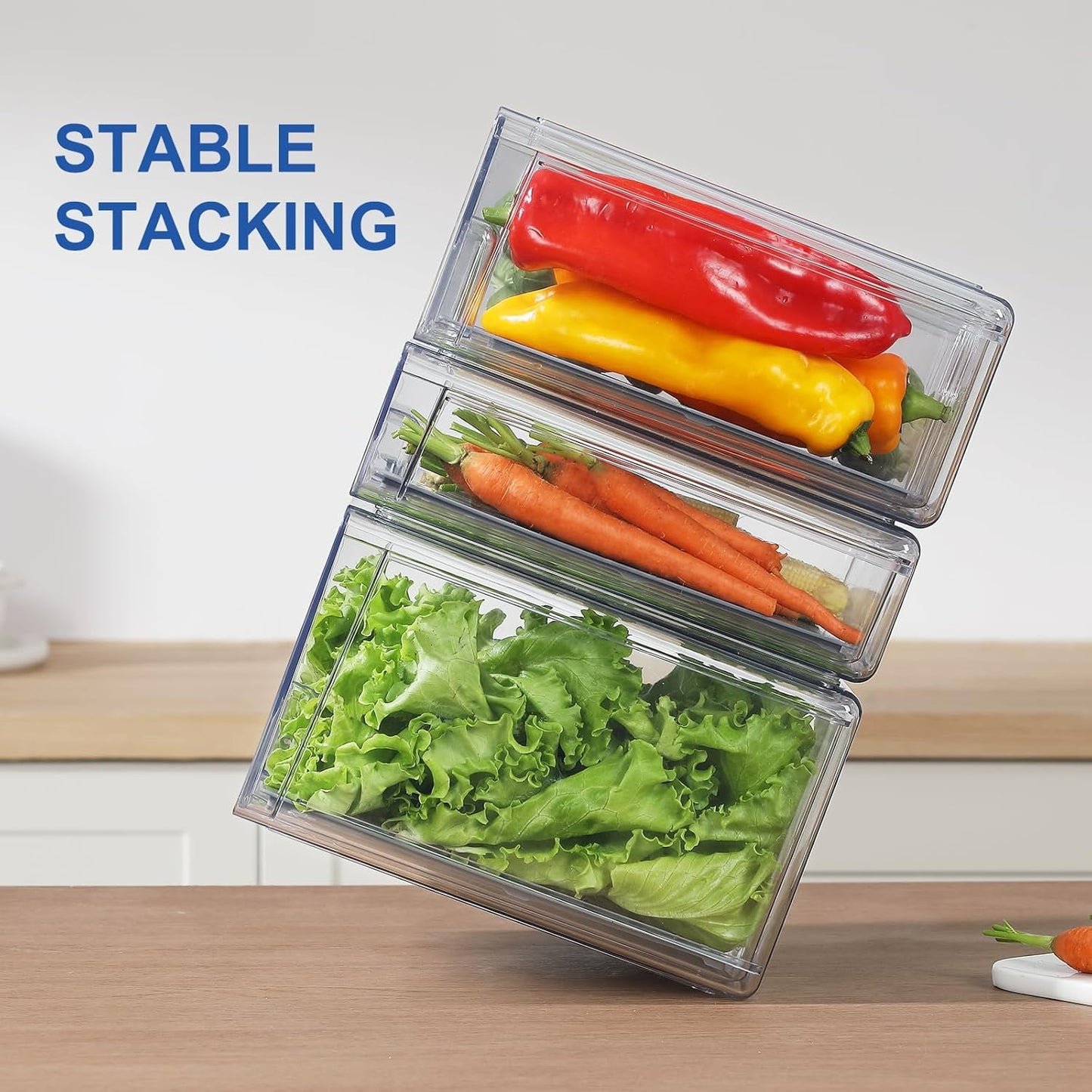 Plastic Clear Fridge Storage Organizer with Drawers & Drainer - Stackable Bins for Kitchen Fruit & Veggie Organization (Complete Set)