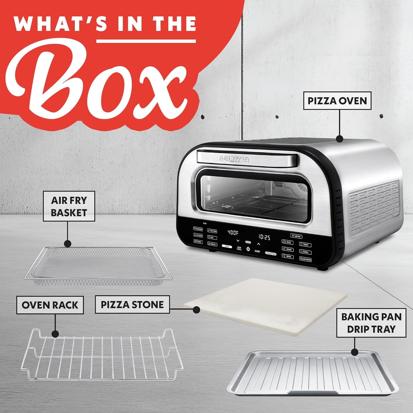 Gourmia Indoor Pizza Oven Air Fryer Toaster – 1800W Countertop Multi-Cooker with Pizza Stone, Digital Controls & 6 Presets, Stainless Steel