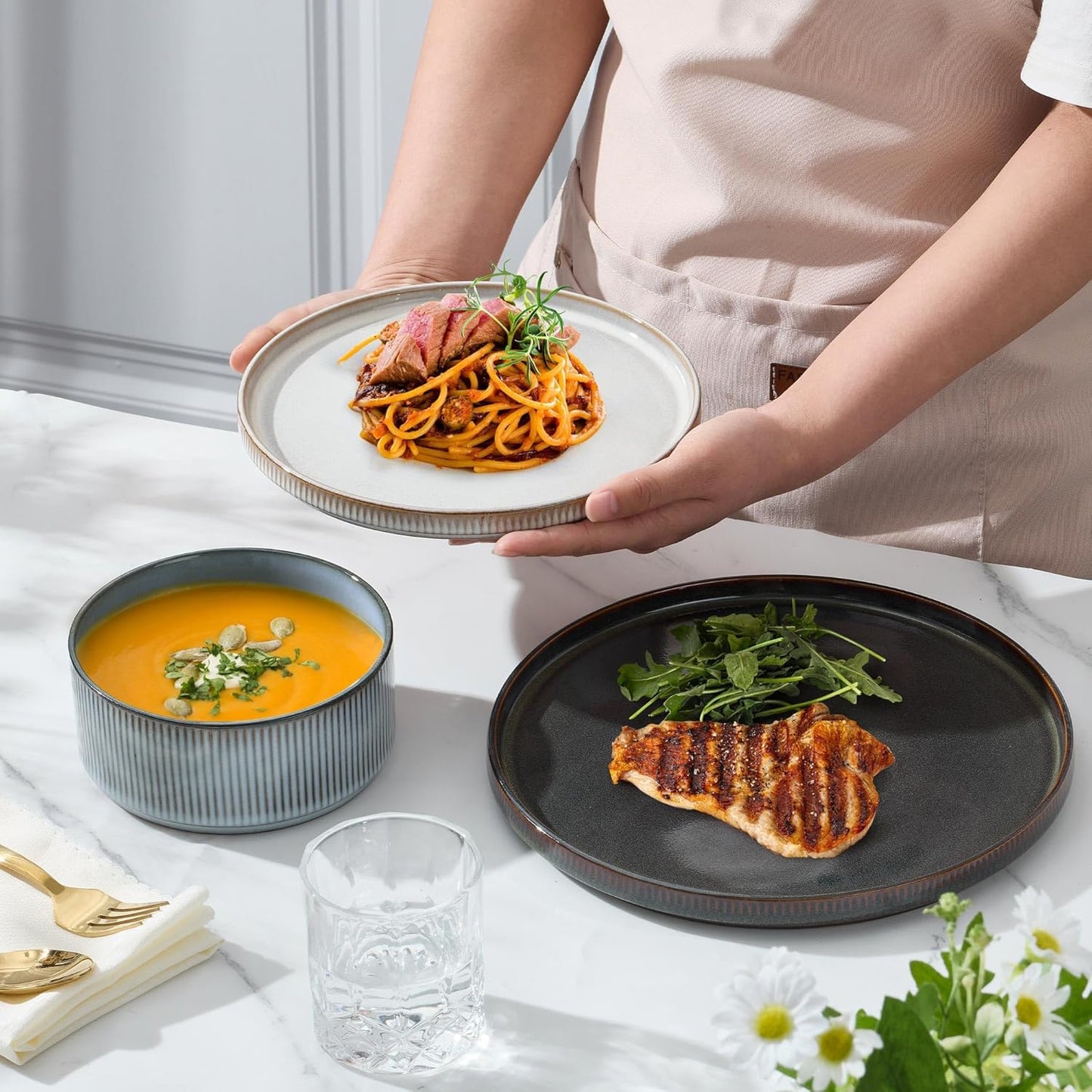 E-far 12-Piece Plates and Bowls Sets, Stoneware Dinnerware Dishes Sets for 4, Kitchen Modern Dining Dishware, Chip & Scratch Resistant, Microwave & Dishwasher Safe, Multicolor