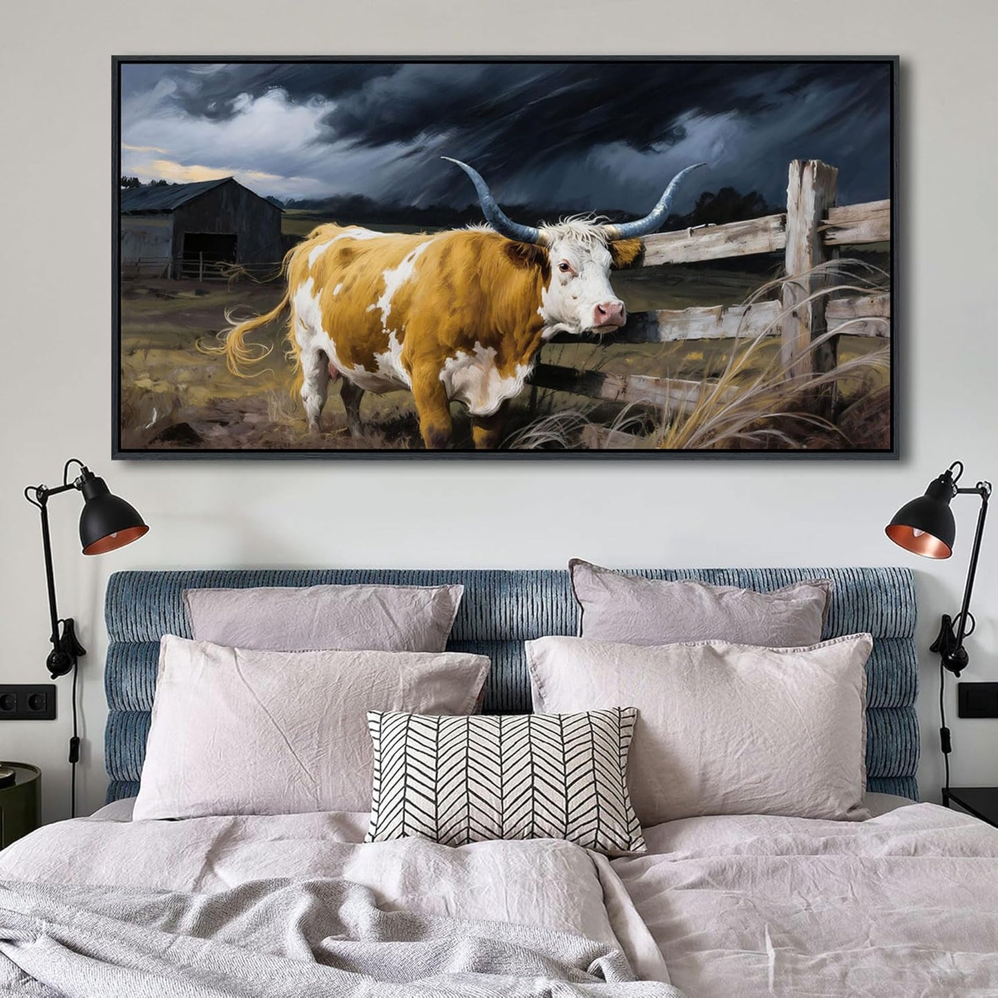 Highland Cow Wall Art - Rustic Pictures for Living Room,Framed Country Wall Decor, Vintage Artwork for Walls, Longhorn Cow wall Decor - Large Farmhouse Canvas for Bedroom 24×48IN