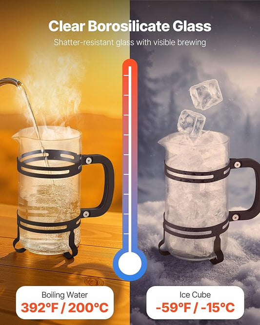 VEVOR French Press Coffee Maker, 34 Ounce 1 Liter Borosilicate Glass Coffee Press Tea Maker with Stainless Steel Filter, Large Glass French Presses Cold Brew for Camping Travel Home Kitchen, Black