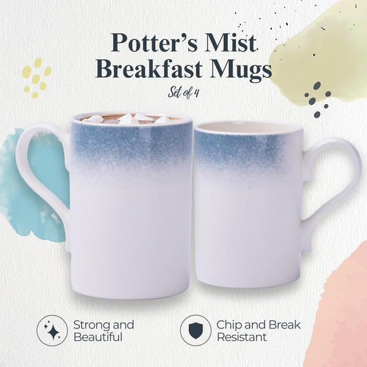 Portmeirion Potter's Mist Breakfast Mug (Set of 4) - 9oz White Ceramic Mugs with Blue Mist Pattern - Microwave, Dishwasher, Freezer Safe Earthenware Mugs for Tea & Coffee Lovers (Blue)