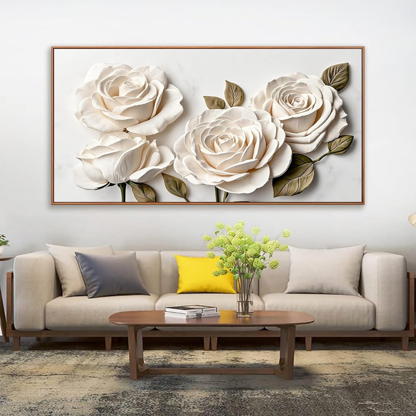 Suconvng Large Floral Wall Art Modern Canvas Art Wall Decor Painting White Flower Wall Art For Bedroom Office Home Wall Decoration 29" X 58" With Framed Wood Frame