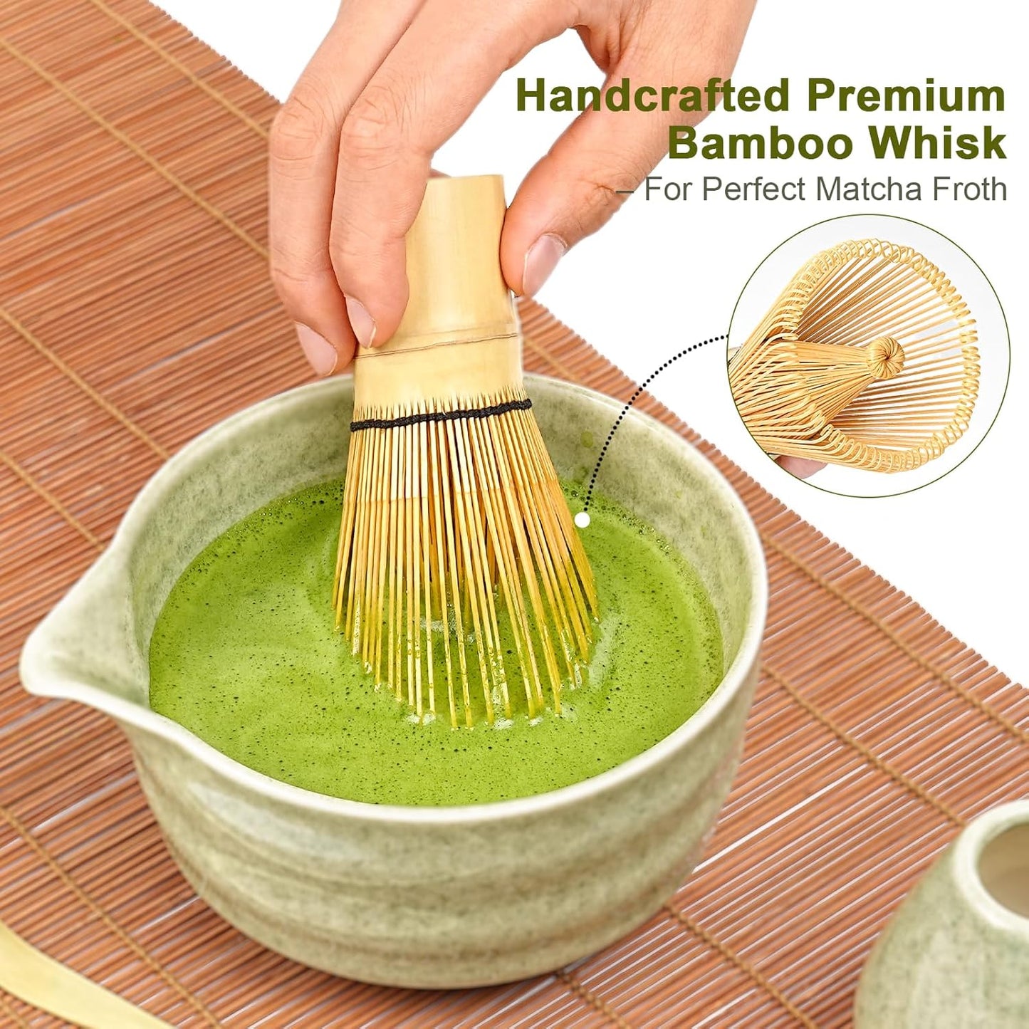 Matcha Set, 5 Pcs Matcha Whisk Set Includes Ceramic Matcha Bowl with Spout, Bamboo Matcha Whisk Chasen, Holder,Scoop,Sifter, Matcha Kit for Making Breakfast & Latte, Gift for beginners(Green)