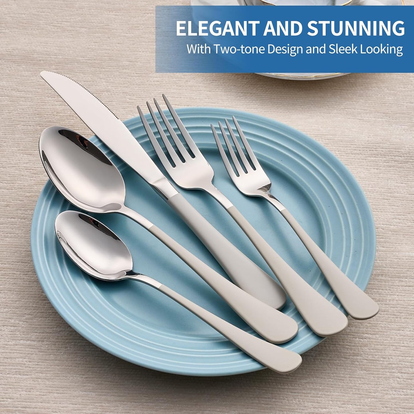 20-Piece Off White Silverware Set, 18/0 Stainless Steel Off White Handle Flatware Set, Service for 4, Modern Cutlery Set Includes Dinner Knives Forks Spoons,Mirror Polished,Dishwasher Safe