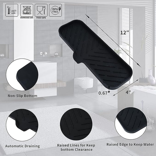 Silicone Bathroom Soap Dishes with Drain Spout-Bathroom and Kitchen Sink Organizer,Sponge Holder,Dish Soap Tray,Perfect for Dispenser,Scrubber,Bottle,Cup on Sink or Counter-Black 12"×4"