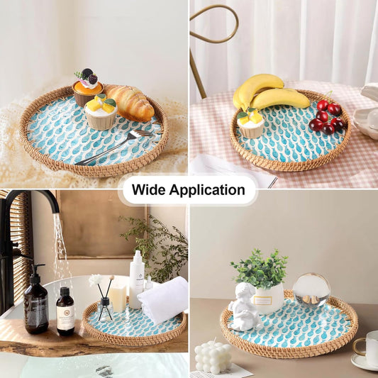 Round Rattan Tray with Mother of Pearl Inlay, Rattan Serving Tray for Coffee, Bread, Fruits, Decorative Wicker Tray for Table Decor, Home Decor, Kitchen Island Decor (Turquoise Fish, 11.8")