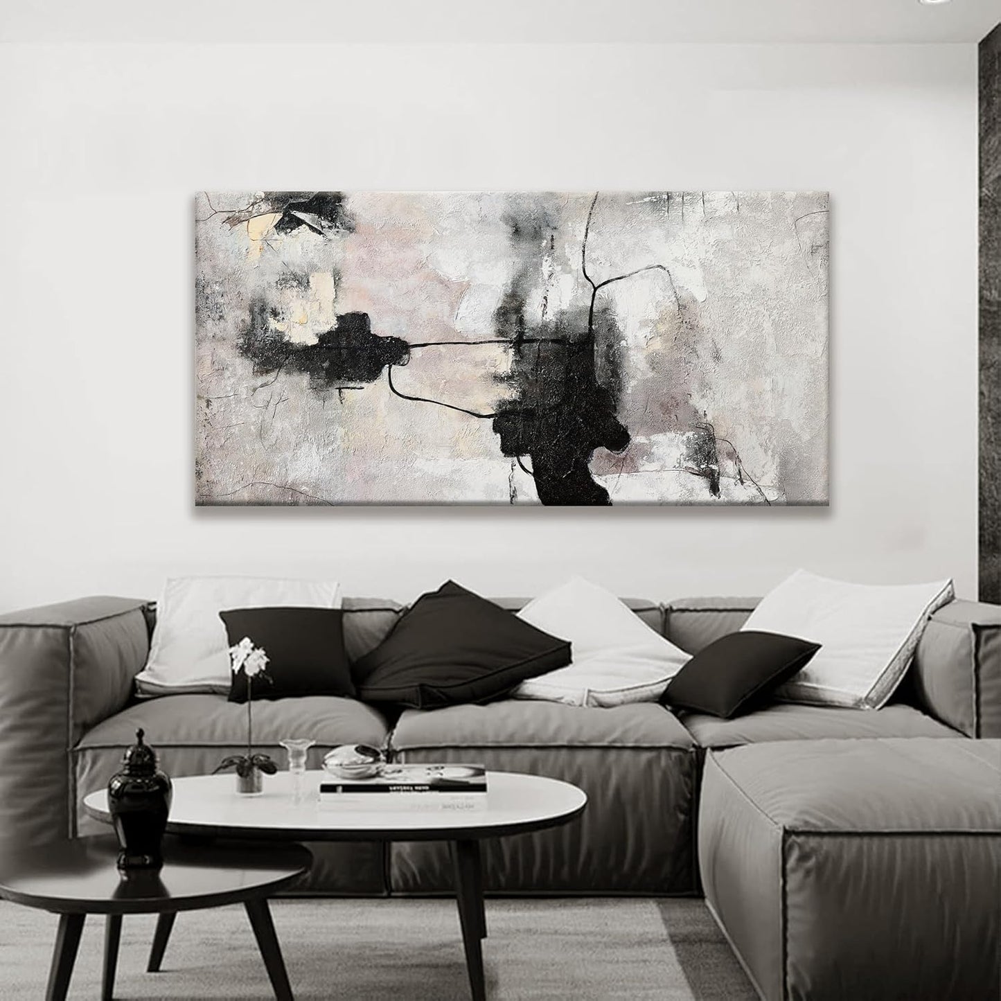 QSQ Black And Off-White Abstract Wall Art For Living Room Decor Artwork Canvas Art Wall Decor Modern Canvas Prints Pictures Abstract Wall Decor For Home Hotel Decoration 24 x 48 Inch