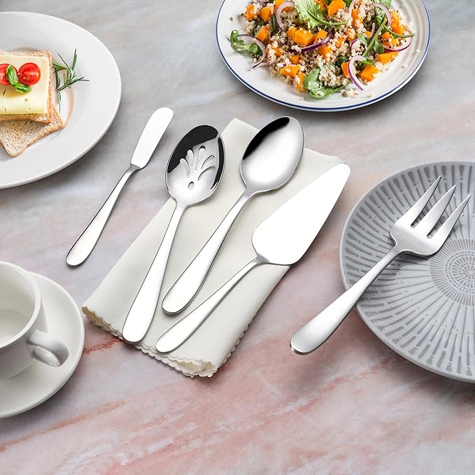 Onader 65 Piece Heavy Duty Silverware Set with Serving Pieces, Stainless Steel Cutlery Flatware Set for 12