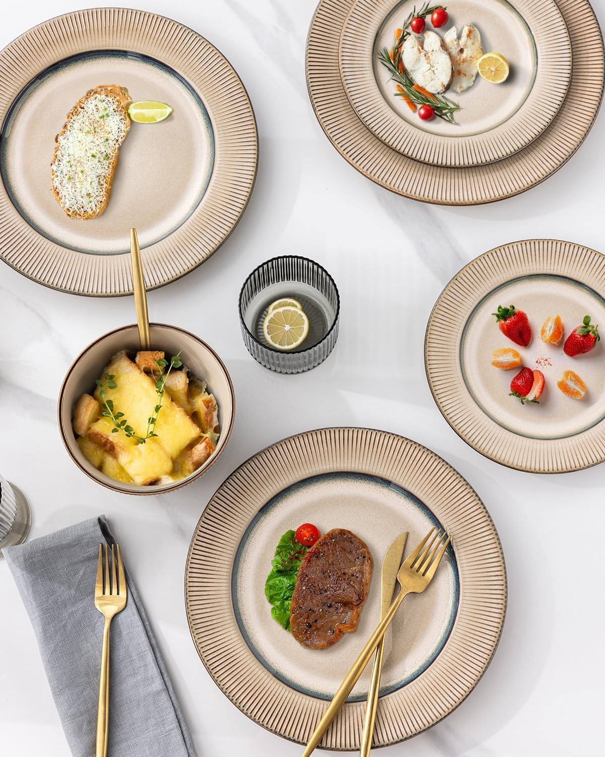 GBHOME Ceramic Dinnerware Sets, 24 Piece Embossed Elegant Stoneware Plates and Bowls Sets, Housewarming Wedding Gift | Dishwasher & Microwave Safe | Dishes Set Service for 8